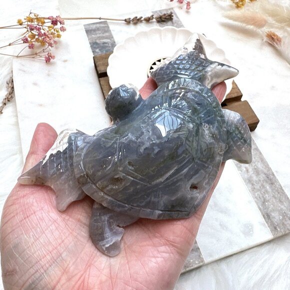 Gorgeous Moss Agate Sea Turtle Carving - Picture 1 of 7